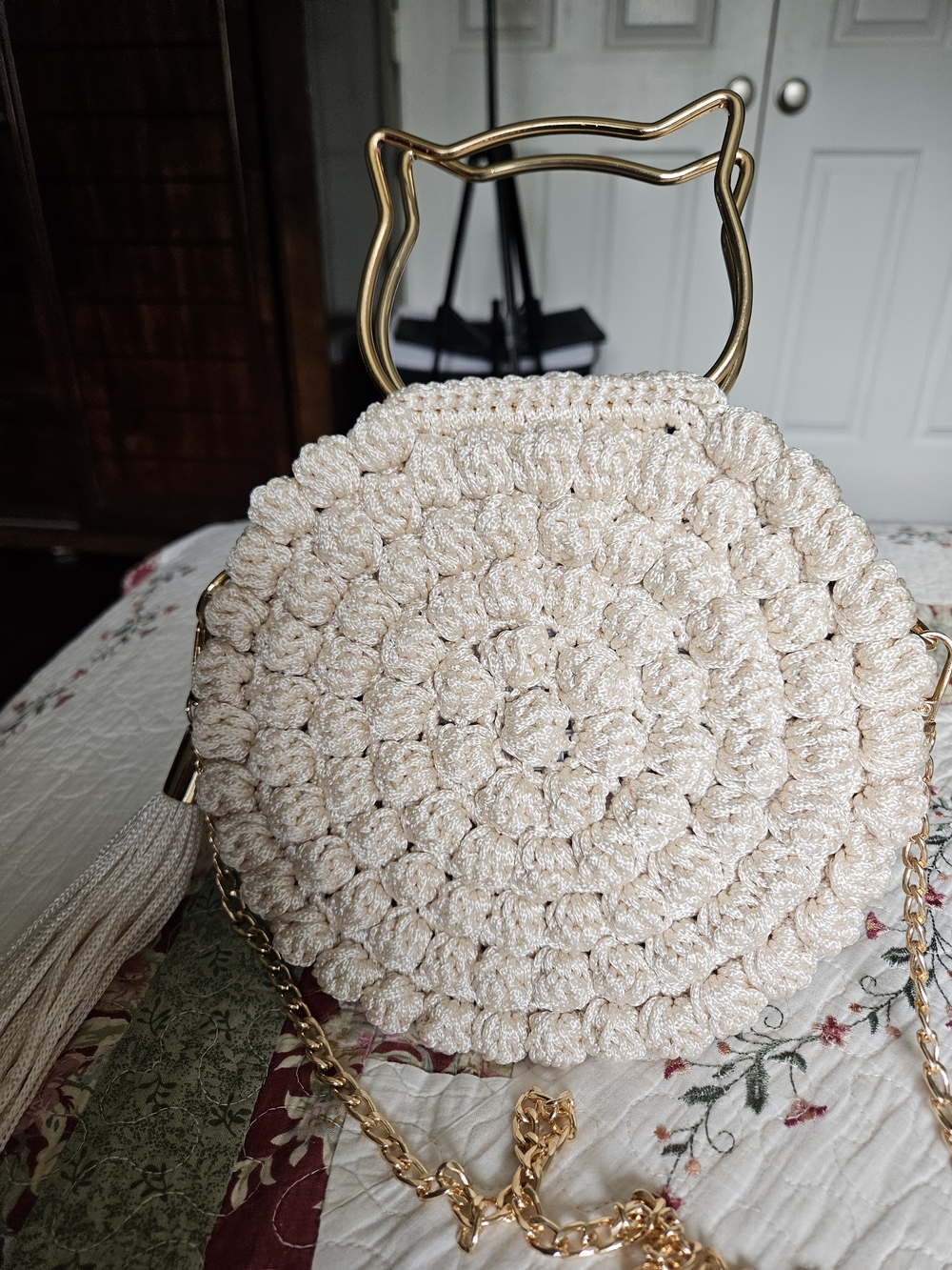 Unique Crochet Cat Ear Round Bag with Chain & Tassel – Handmade